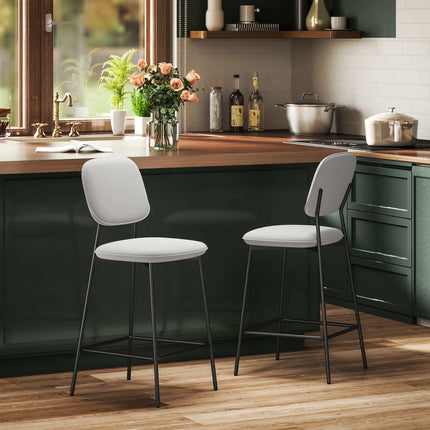 Bar Stools Set of 2, Velvet Upholstery, Steel Legs, Light Grey