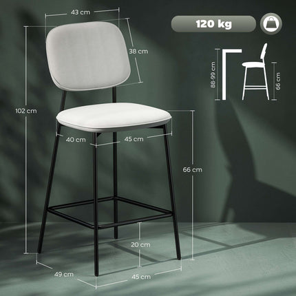 Bar Stools Set of 2, Velvet Upholstery, Steel Legs, Light Grey