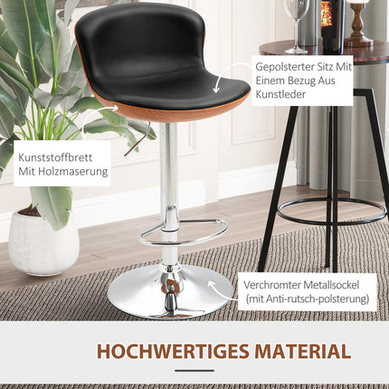 Adjustable black barstools with backrest, set of 2