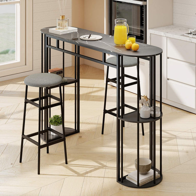 Bar Table 150cm Faux Marble, Black Metal Frame, Storage Shelves