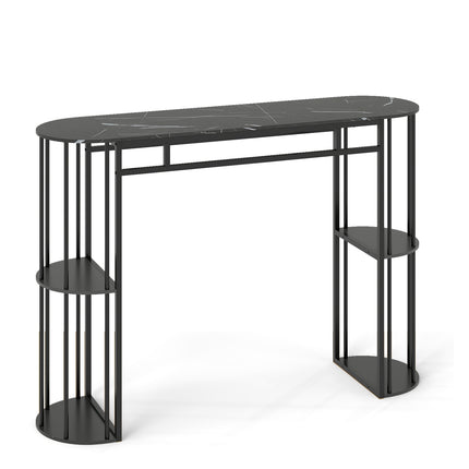 Bar Table 150cm Faux Marble, Black Metal Frame, Storage Shelves