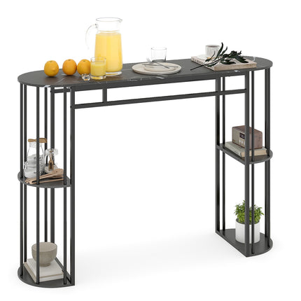 Bar Table 150cm Faux Marble, Black Metal Frame, Storage Shelves