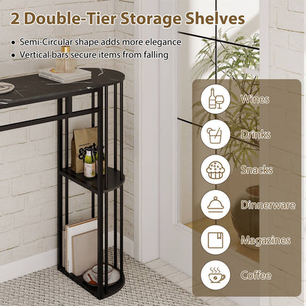 Bar Table 150cm Faux Marble, Black Metal Frame, Storage Shelves