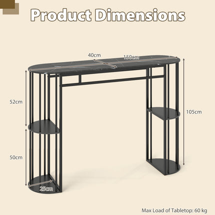 Bar Table 150cm Faux Marble, Black Metal Frame, Storage Shelves