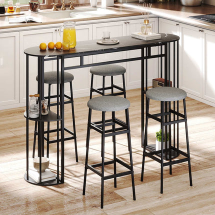 Bar Table 150cm Faux Marble, Black Metal Frame, Storage Shelves