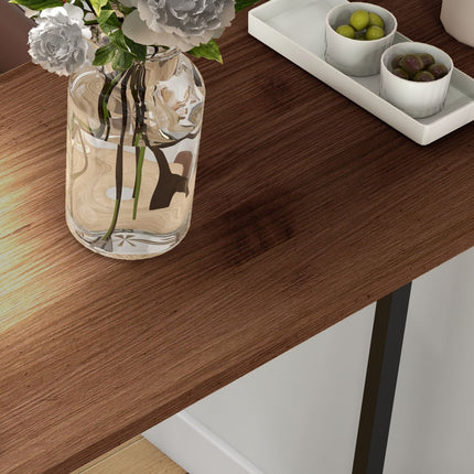 Bar table - wooden look, 3 shelves, steel frame, 120x40x105 cm