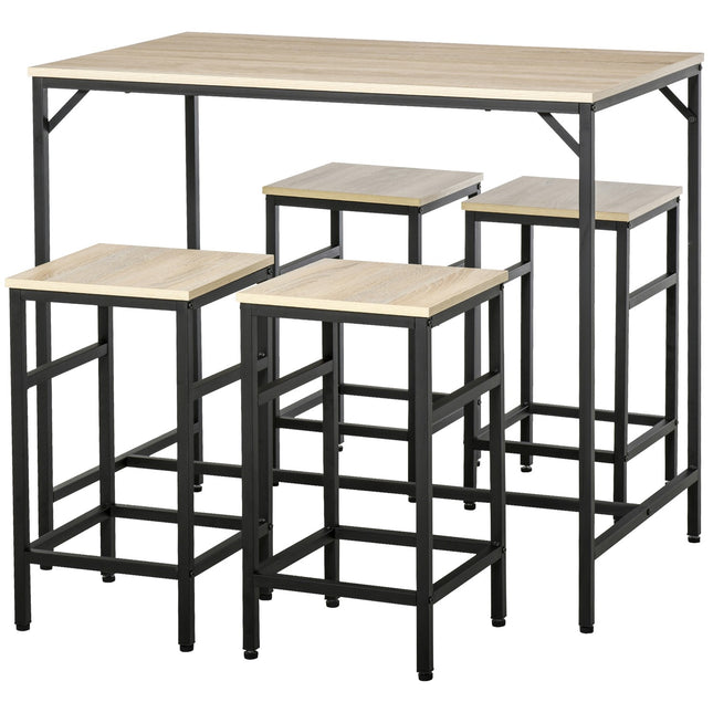 5-piece bar table set, steel frame, oak finish