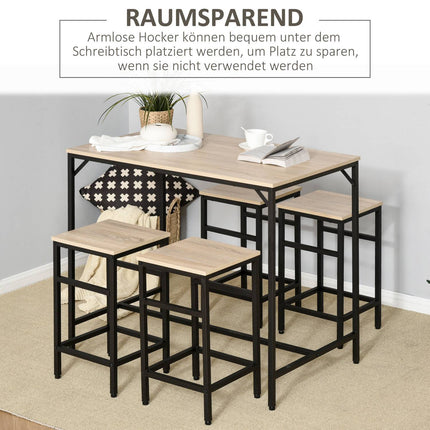 5-piece bar table set, steel frame, oak finish