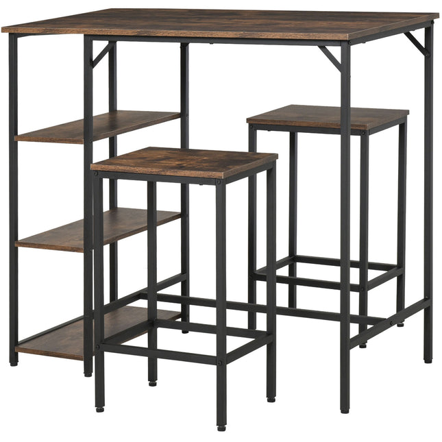 3-piece rustic bar table set with shelves, steel frame