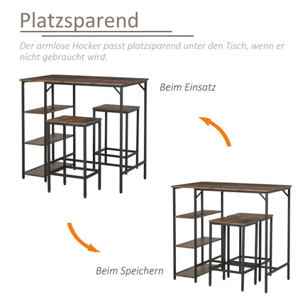 3-piece rustic bar table set with shelves, steel frame