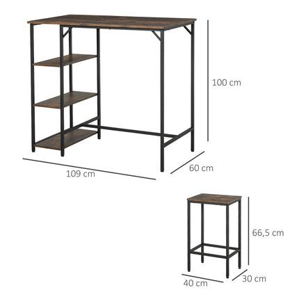 3-piece rustic bar table set with shelves, steel frame