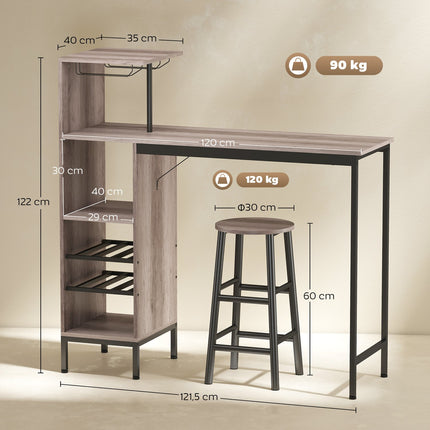 Bar Table Set, Storage, Wine Racks, Stools, Gray