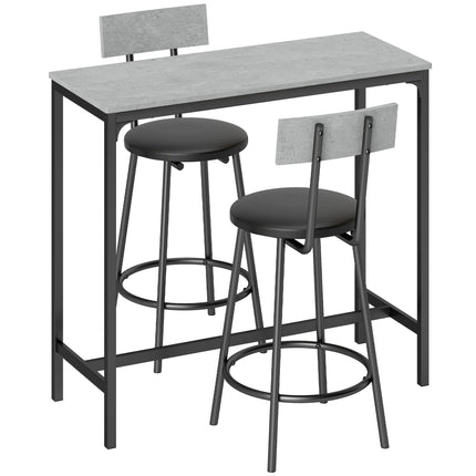 Bar Table Set with 2 Grey PU Leather Stools, Space-Saving