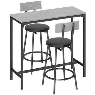 Bar Table Set with 2 Grey PU Leather Stools, Space-Saving