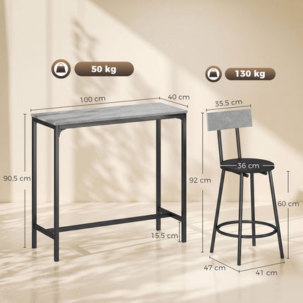 Bar Table Set with 2 Grey PU Leather Stools, Space-Saving