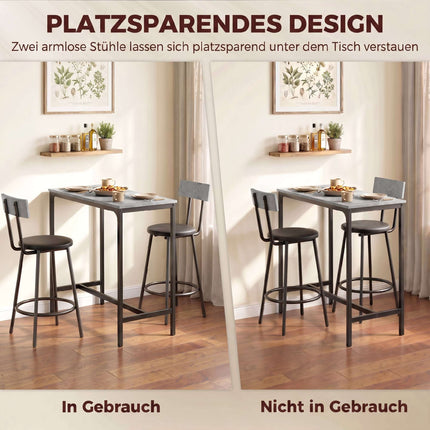 Bar Table Set with 2 Grey PU Leather Stools, Space-Saving