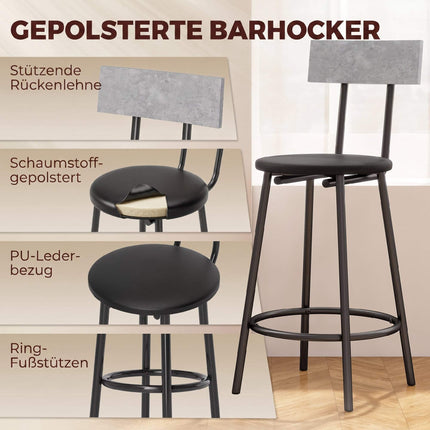 Bar Table Set with 2 Grey PU Leather Stools, Space-Saving