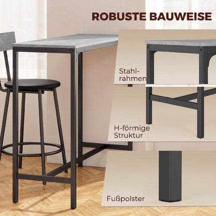 Bar Table Set with 2 Grey PU Leather Stools, Space-Saving