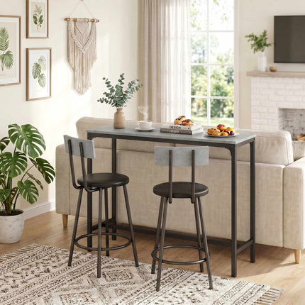 Bar Table Set with 2 Grey PU Leather Stools, Space-Saving