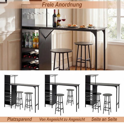 Bar Table Set with 2 Stools, Black, Wine Storage