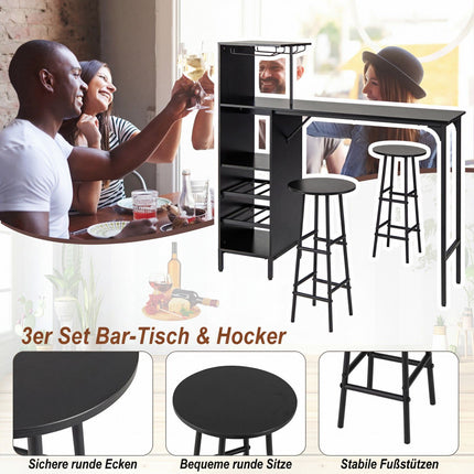 Bar Table Set with 2 Stools, Black, Wine Storage