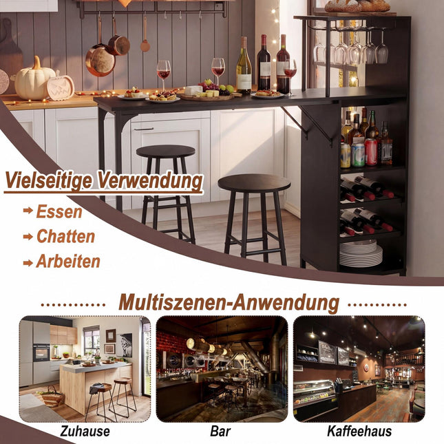 Bar Table Set with 2 Stools, Black, Wine Storage