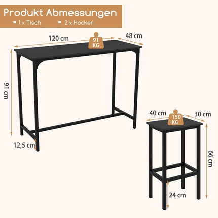 Bar Table Set with 2 Stools, Industrial Style, Black