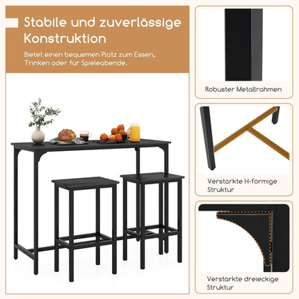 Bar Table Set with 2 Stools, Industrial Style, Black