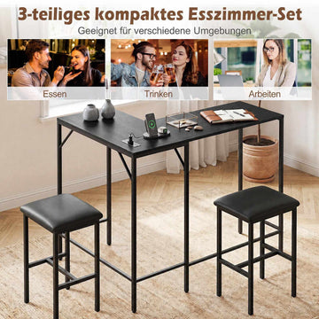 Bar Table Set with 2 Stools, Integrated Power Outlet, Black