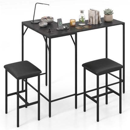 Bar Table Set with 2 Stools, Integrated Power Outlet, Black