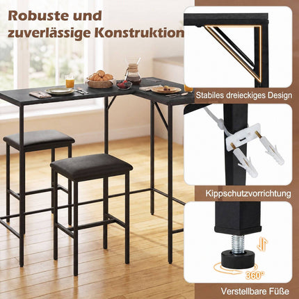 Bar Table Set with 2 Stools, Integrated Power Outlet, Black