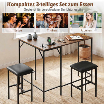Bar Table Set with 2 Stools, Rustic Brown, Power Outlet