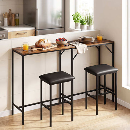 Bar Table Set with 2 Stools, Rustic Brown, Power Outlet