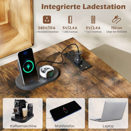 Bar Table Set with 2 Stools, Rustic Brown, Power Outlet