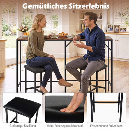 Bar Table Set with 2 Stools, Rustic Brown, Power Outlet