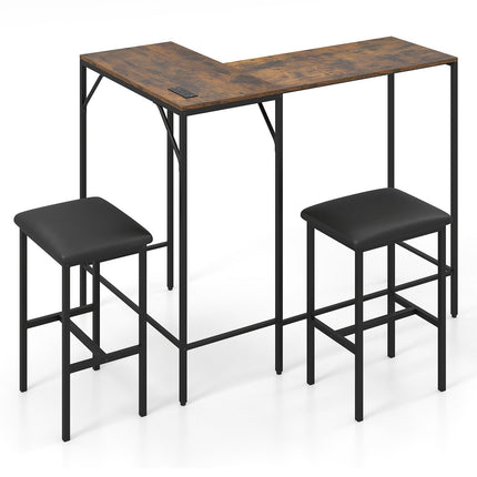 Bar Table Set with 2 Stools, Rustic Brown, Power Outlet