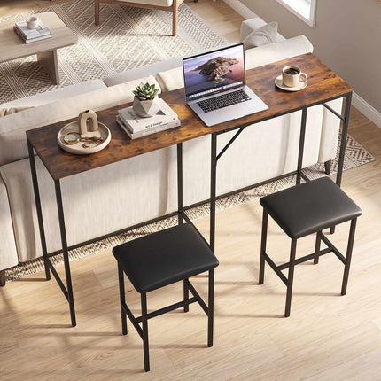 Bar Table Set with 2 Stools, Rustic Brown, Power Outlet
