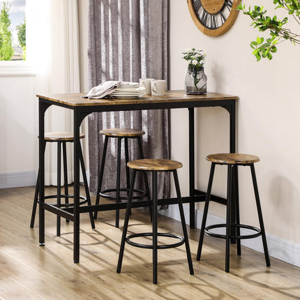 Industrial bar table set with 4 stools, rustic brown