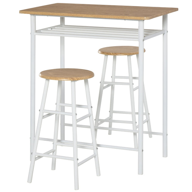 Bar table and chairs with storage shelf and door mat