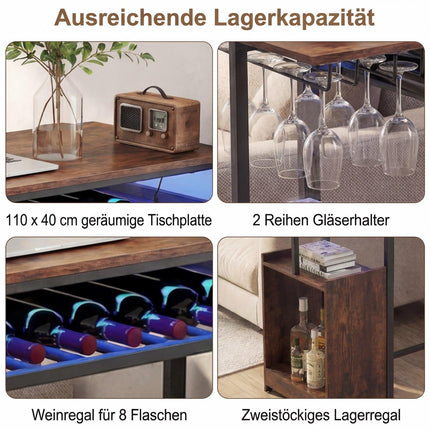 Bar Table with RGB Lighting, Bottle Rack, Glass Holder, USB-C
