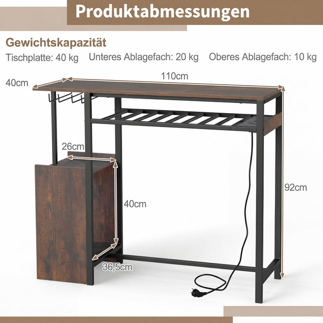 Bar Table with RGB Lighting, Bottle Rack, Glass Holder, USB-C