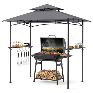 Barbecue Gazebo with Double Roof, Metal Shelves, Grey