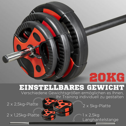 Adjustable 20 kg barbell set with non-slip handle, floor safe