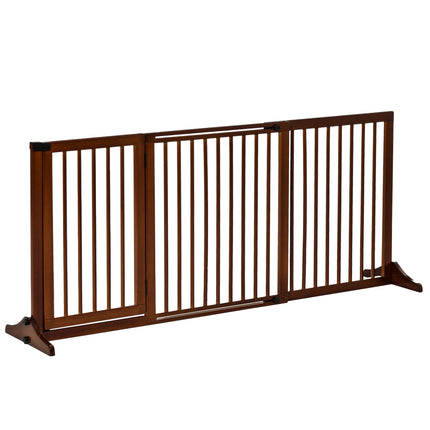 Freestanding wooden dog gate with door, brown, adjustable