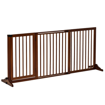 Freestanding wooden dog gate with door, brown, adjustable