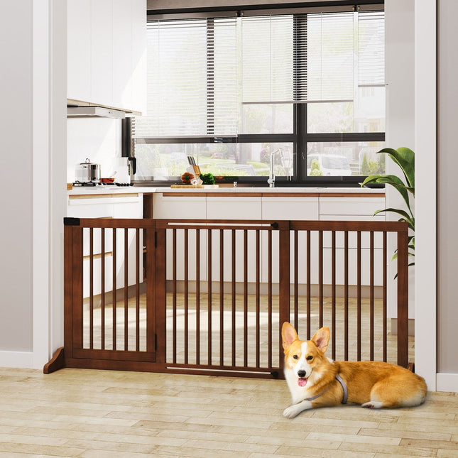 Freestanding wooden dog gate with door, brown, adjustable