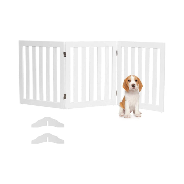 Barrier gate for dogs, 60 cm high, protective gate made of wood, foldable, 3 panels, white
