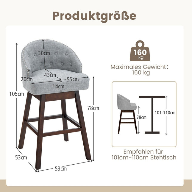 Bar stool set of 2, bar chair, 360° rotatable, kitchen stool with backrest and footrest, 55 x 53 x 105 cm, gray + brown