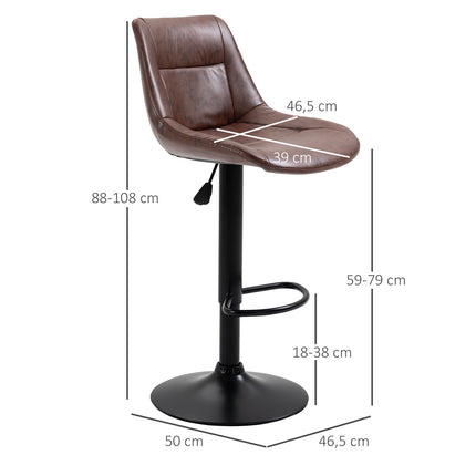 Adjustable barstools in brown artificial leather with backrest, set of 2
