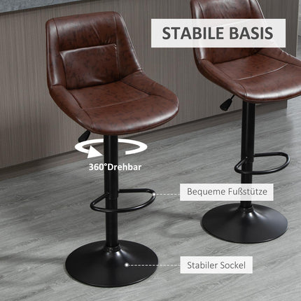 Adjustable barstools in brown artificial leather with backrest, set of 2
